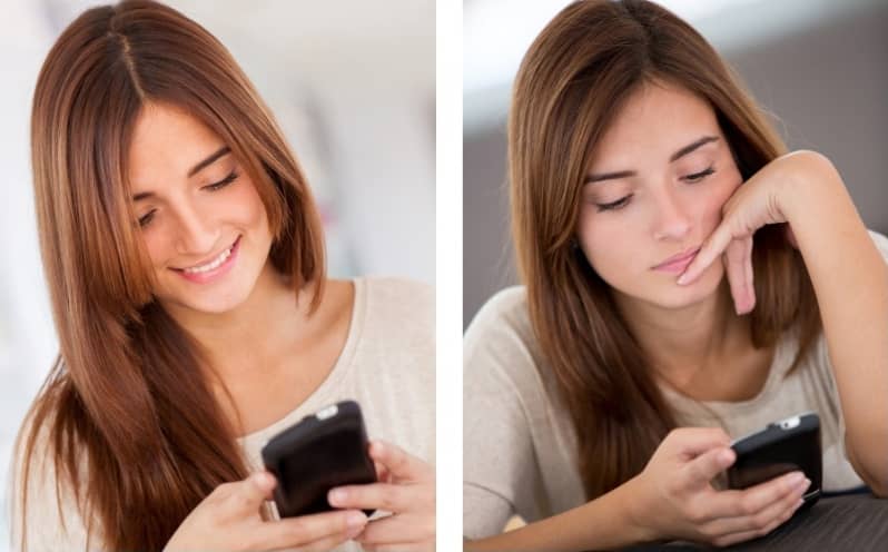 Chica mirando el celular con una sonrisa porque esta recibiendo mensajes de texto del hombre que le gusta pero luego no tan entusiasmada debido a tantos mensajes que ya pierde el interés.