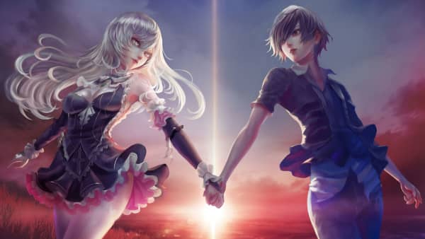 Dibujo anime de chica hermosa con vestido sexy de la mano de su pareja